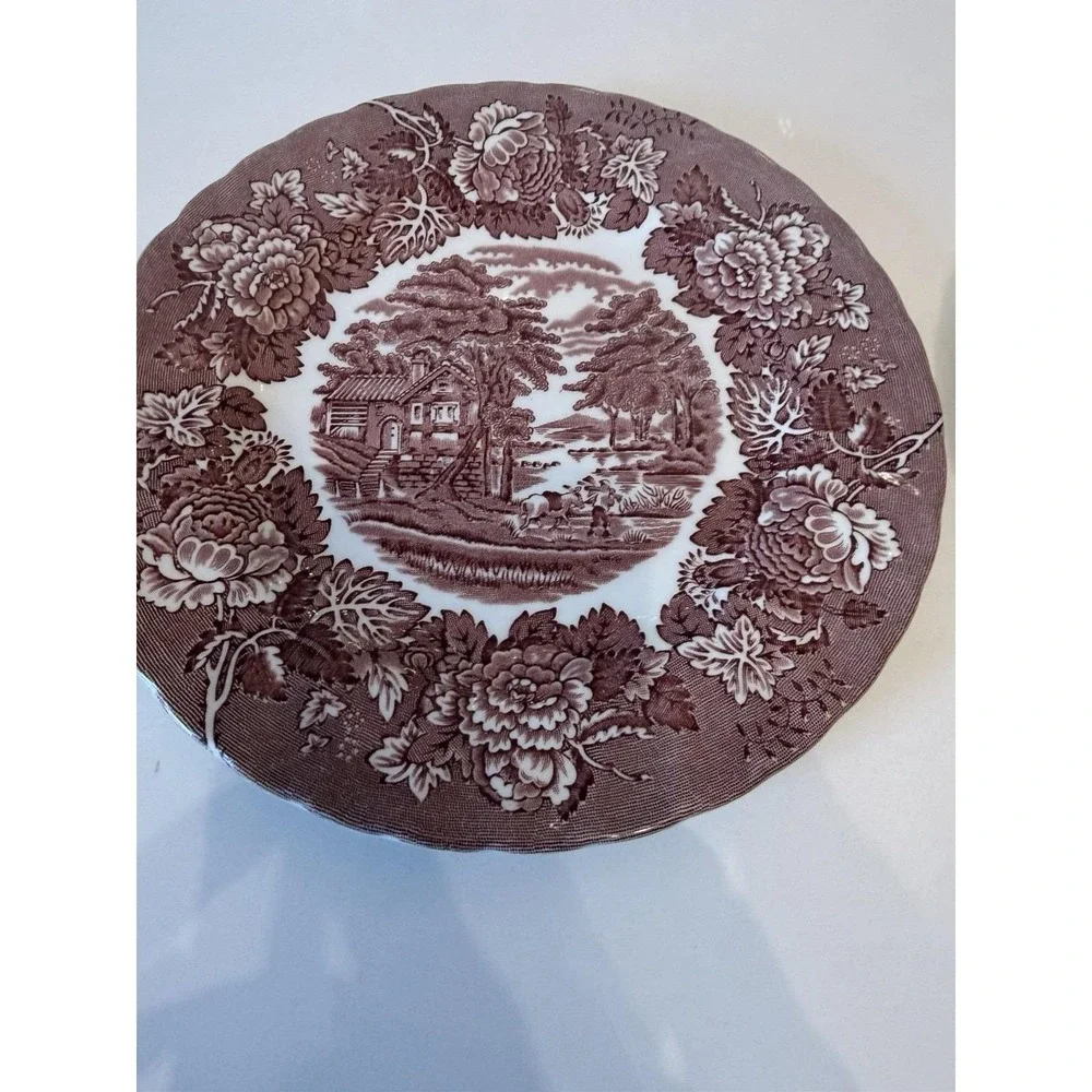 Vintage Wood & Sons Maroon‎ Transferware Salad Plates Lot of 2 English Floral